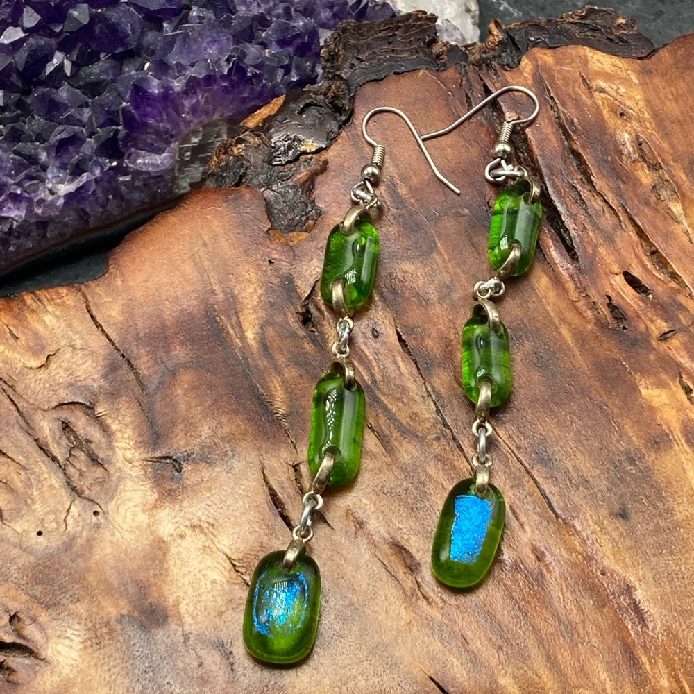 #109 pierced Women’s Vintage artisan dichroic glass green iridescent silver